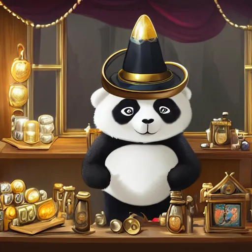 Image similar to Anthropomorphized panda trader in his shop, selling his wares, portrait, items, gold, magic potions, carpet, window, fancy hat, sly expression , cunning expression, cute expression, long thick shiny gold beak, presenting wares, holding a gold bag, D&D, fantasy, cinematic lighting, highly detailed, digital painting, artstation, concept art, smooth, sharp focus, illustration, warm light, cozy warm tint, magic the gathering artwork, volumetric lighting, 8k, art by Akihiko Yoshida, Greg Rutkowski