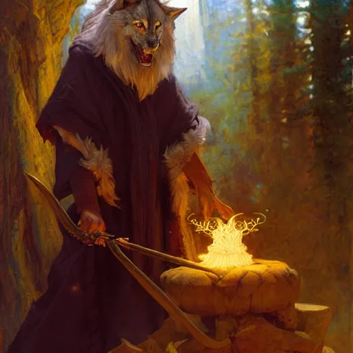 Image similar to stunning male wizard wolf casting his dark spell, highly detailed painting by gaston bussiere, craig mullins, j. c. leyendecker, 8 k