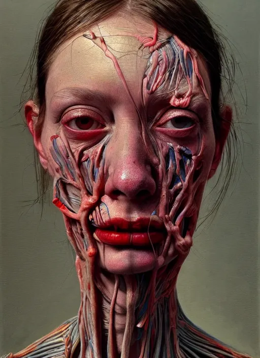 Prompt: there is ugliness in beauty, but there is also beauty in ugliness detailed portrait painting inspired by beksinski and alex gray, accurate anatomy, vintage, by jenny saville, edward hopper trending on artstation. 8 k