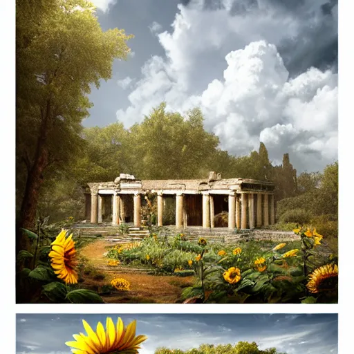 Image similar to beautiful highly detailed digital illustration of roses and sunflowers in front of a greek palace ruins in the forest. by Andreas Rocha, dramatic clouds, establishing shot, cinematic, architecture, artstation HQ, HD, 8k resolution, featured in art magazine, amazing depth, octane render, unreal engine 5