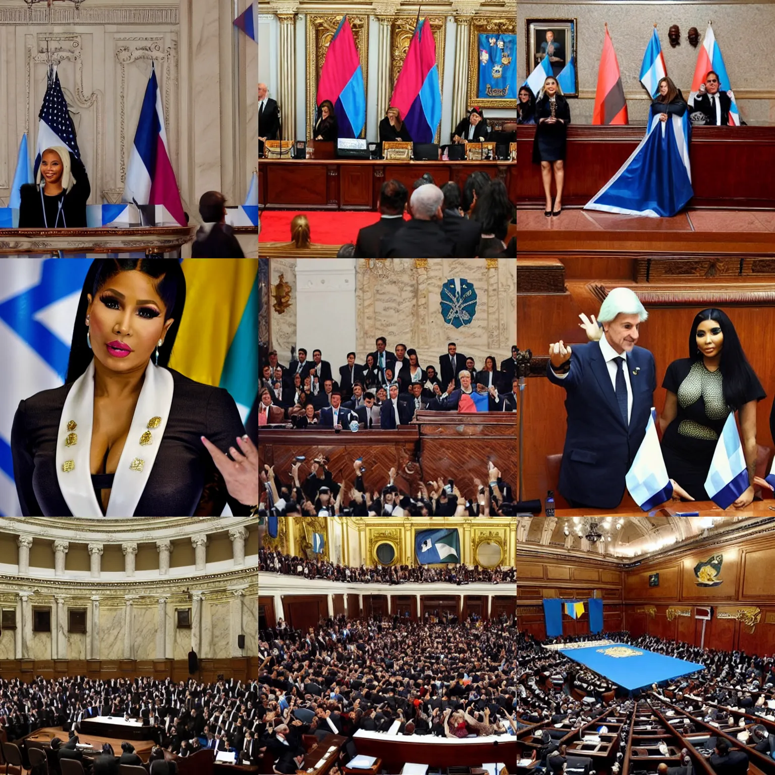 Image similar to Nicki Minaj president of Argentina, in the Argentine Congress, flags of Argentina behind, detailed picture