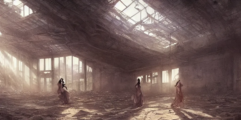 Image similar to “two figures enter abandoned derelict stadium, volumetric rays, wide angle, cinematic lighting, intricate, elegant, highly detailed, digital painting, artstation, sharp focus, illustration, art by artgerm and greg rutkowski and alphonse mucha and Wayne Barlowe and william-adolphe bouguereau ”