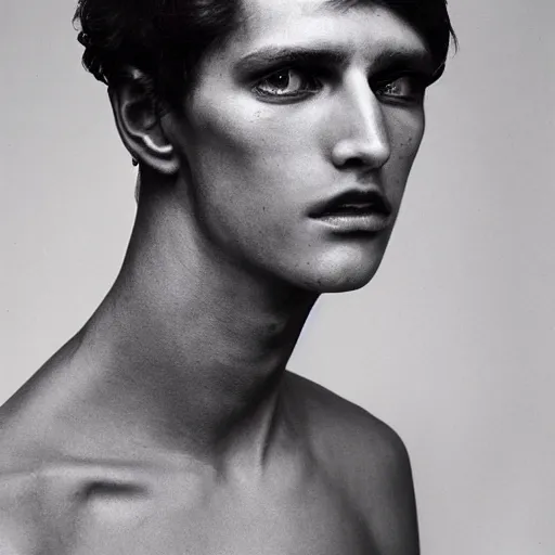 Prompt: photograph of a beautiful and handsome transhuman creature, young, male, ethereal, in a photograph by Richard Avedon, realistic, detailed, hyper realistic —n 4