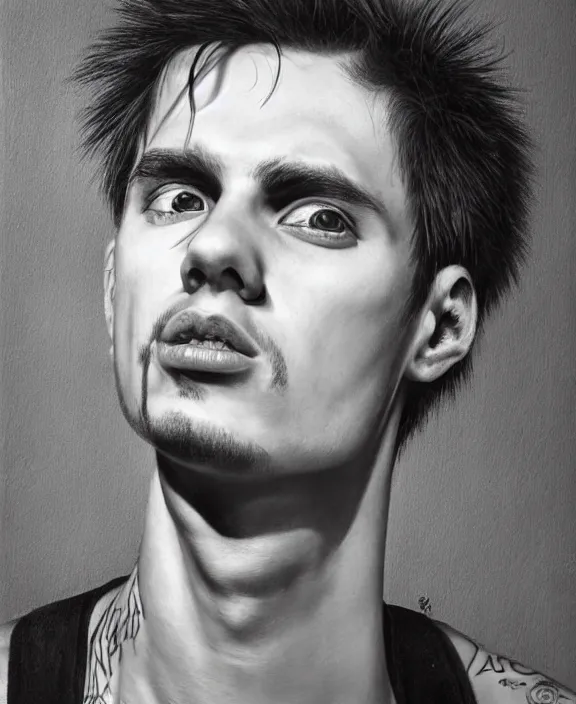 Image similar to portrait of a handsome young punk rocker, art by denys tsiperko and bogdan rezunenko and franz xaver kosler, hyperrealism