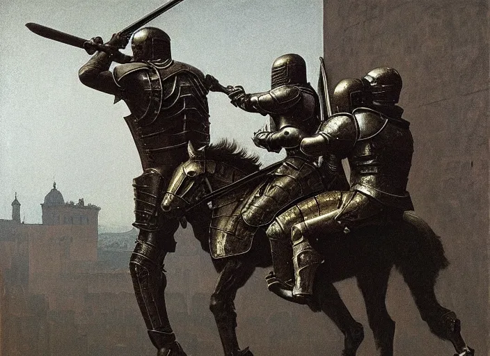 Image similar to а swat captures knight in armor, rome, highly detailed, soft lighting, elegant, works by edward hopper and james gillard, zdislaw beksinski, stephen outram, andreas m wiese, highly detailed