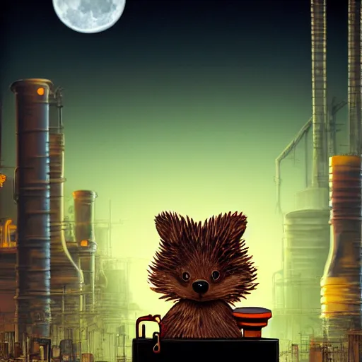 Image similar to a professional portrait, of an anthropomorphic brown hedgehog sitting outside of a cyberpunk academy, factories and power plants in the background, big moon in background, green smoggy sky, cinematic lighting, metal towers and sewers, holograms, artstation, omni magazine,