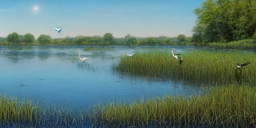 Image similar to a beautiful lake landscape in summer, reed on riverbank, stork in water, no mountains, clear sky, colorful, by Ernest deutsch + Ted Nasmith, cinematic lighting, masterpiece, highly detailed, 8k resolution, trending on art station