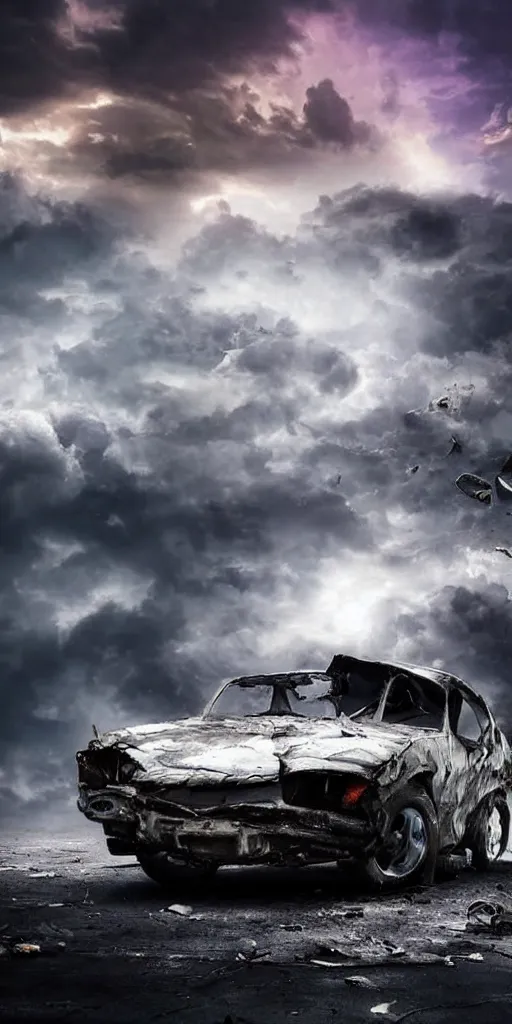 Image similar to a crushed car in the middle of a fifa stadium with lot of camera flashes in the distance night dramatic airbrushed clouds over black background, airbrush fantasy 80s, realistic detailed masterpiece