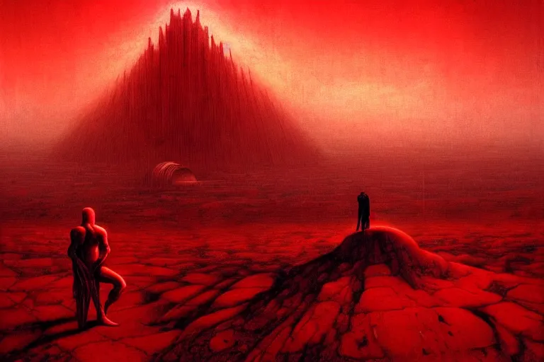 Image similar to only with red, a red god of death eat apple, a futuristic city on mars in background, an ancient path, pathos, in the style of beksinski, part by hopper, part by rodcenko, part by hofbauer, intricate composition, red by caravaggio, insanely quality, highly detailed, masterpiece, red light, artstation