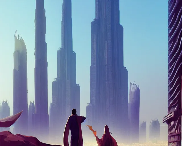 Image similar to dubai city and burj khalifa in front big desert, atmospheric lighting. by makoto shinkai, stanley artgerm lau, wlop, rossdraws, james jean, andrei riabovitchev, marc simonetti, krenz cushart, sakimichan, d & d trending on artstation, digital art.