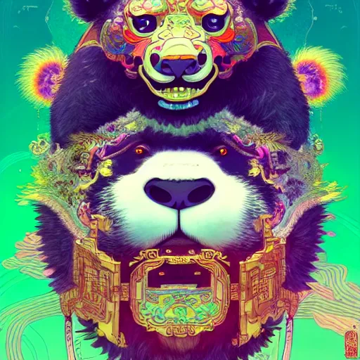 Image similar to a beautiful hyperdetailed character design 4 k wallpaper illustration of a cute panda with a chinese lion dance head victo ngai cyberpunk style, from china, style of studio ghibli, makoto shinkai, raphael lacoste, louis comfort tiffany, artgerm, james jean, ross tran, chinese style