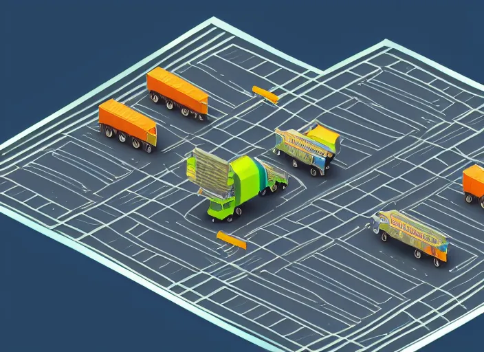 Prompt: futuristic cargo trucks driving inside a solarpunk city, illustration, isometric 3 d perspective