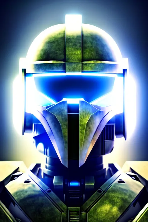 Image similar to robot ninja mask helmet halo master chief radiating a glowing aura global illumination ray tracing hdr fanart arstation by ian pesty and katarzyna da bek chmiel