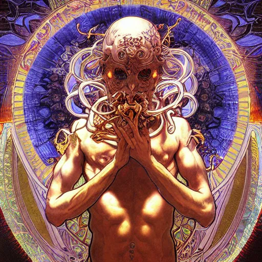 Prompt: hypnogogic ethereal entity deity heavenly god of death and pestilence intricate detailed rutowski gurney gustave dore and alphonse mucha yoji shinkawa apophasis shintaro kago scary anger hell hellscape deity hellish landscape ethereality