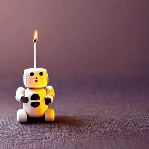 Image similar to a cute little robot sitting on a matchstick with a lit candle in the background