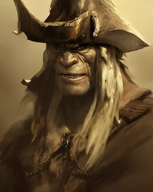 Image similar to portrait of a pale skin orc with a pirate hat, dramatic lighting concept art by craig mullins and ruan jia and raphael lacoste, trending on artstation