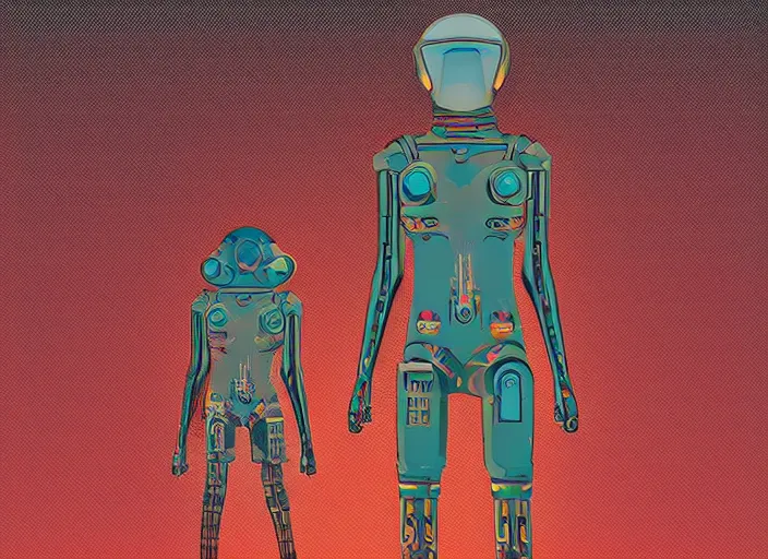 Image similar to martian citizen cyborg with surreal outfit by moebius, vector art, cyberpunk, red flat poster texture