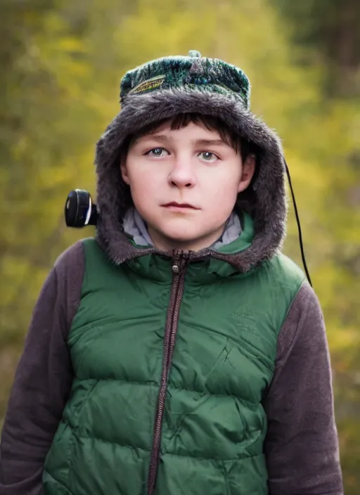 Image similar to portrait photo still of real life young stan marsh wearing a green trapper hat, 8 k, 8 5 mm, f. 1 4