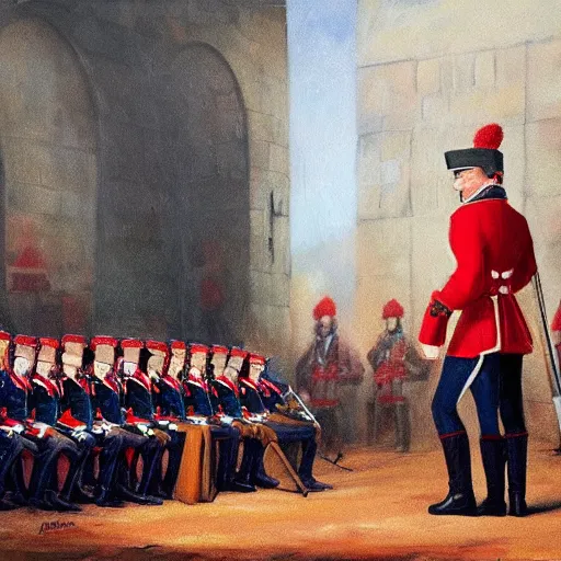 Image similar to a British redcoat soldiers stands before the high council of wizards, fantasy, concept art, oil on canvas,