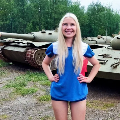 Prompt: slavic happy blond girl standing in front of remains of house and tanks with russian flags