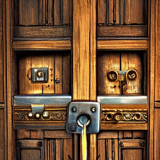 Prompt: one hundred doors with latches, highly detailed, intricate, sharp focus, digital art, 8 k