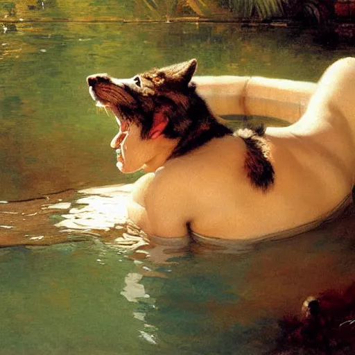 Image similar to a portrait of a furry in the pool, furry body, furry arms, furry legs, furry tail. highly detailed painting by gaston bussiere, craig mullins, j. c. leyendecker, furry