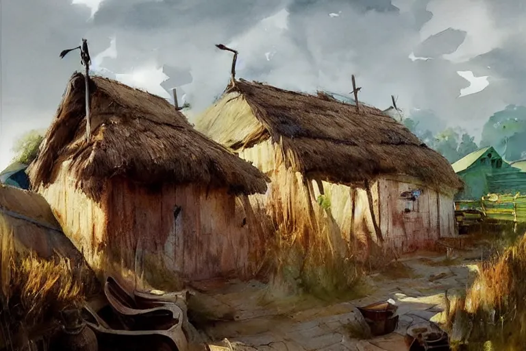 Image similar to paint brush strokes, abstract watercolor painting of rustic village at midday, straw roof, viking town, ambient lighting, art by hans dahl, by jesper ejsing, art by anders zorn, wonderful masterpiece by greg rutkowski, cinematic light, american romanticism by greg manchess, creation by tyler edlin