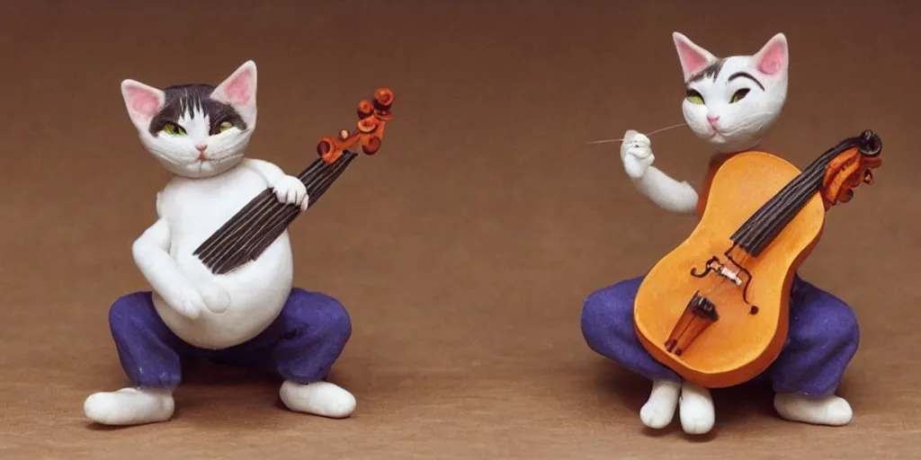 Image similar to a cat playing the fiddle while dancing on its hind legs on top of a round ball of Swiss cheese, in the style of claymation