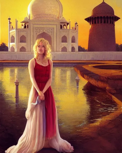 Prompt: tuesday weld visits the taj mahal by charlie bowater, by francine van hove, by alex horley, by tom chambers, by mort kunstler