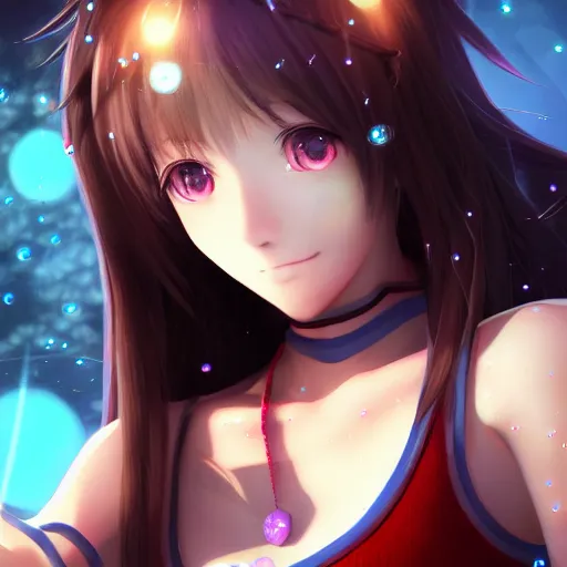 Prompt: Anime Teenage female Mage, outdoors lighting, astral background, symmetrical face and body, confident, smile, detailed moisture, detailed droplets, detailed intricate hair strands, DSLR, ray tracing reflections, eye reflections, focused, unreal engine 5, vfx, post processing, post production, Arcane Style, 8k