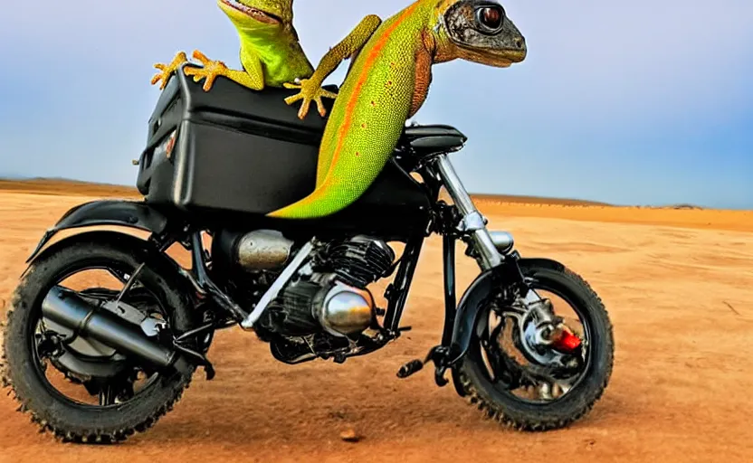 Image similar to gecko riding a mini motorcycle, in the desert, long road,