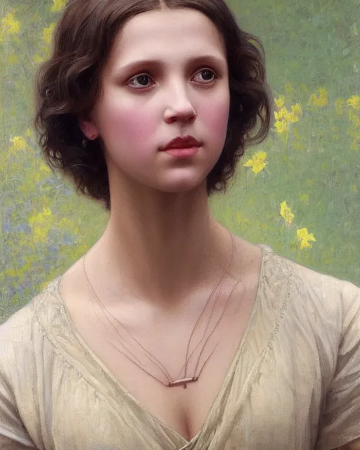 Image similar to a realistic oil painting of a girl resembling alicia vikander or millie bobby brown in an oversize t - shirt, highly detailed, intricate, artstation, by donato giancola and william adolphe bouguereau