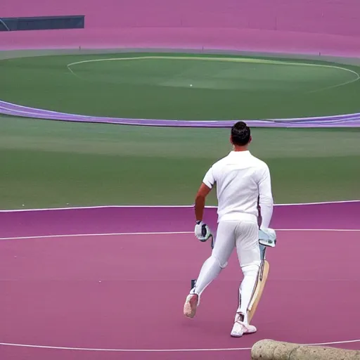 Image similar to ronaldo, playing cricket, large stadium, early morning, high - res, cyberpunk aesthetic