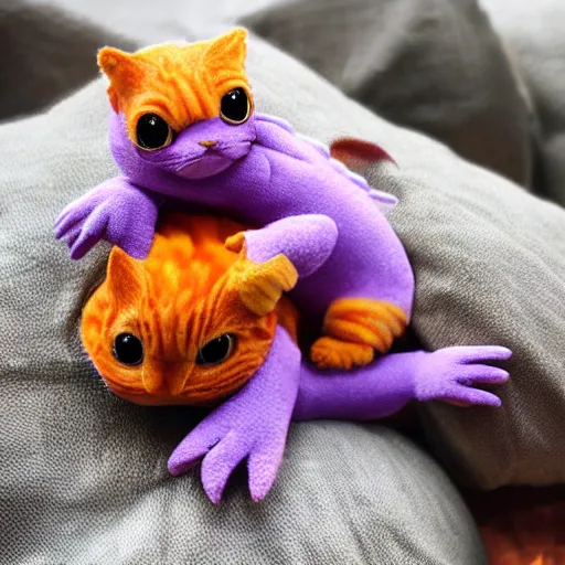 Image similar to tiny adorable purple dragon cuddles an orange tabby cat, realistic, orange tabby cuddles purple dragon, award-winning photography