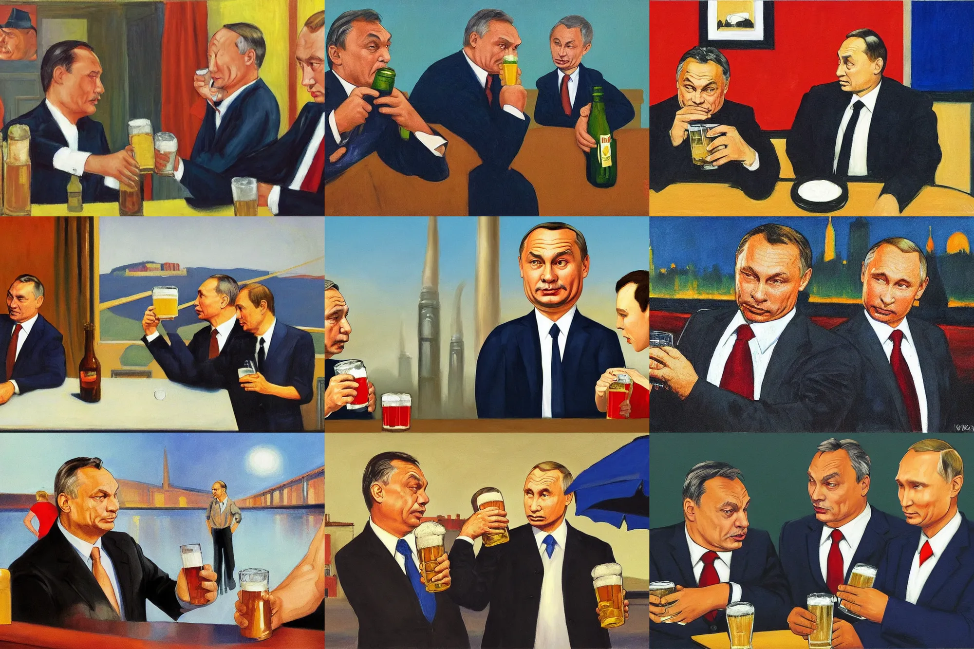 Prompt: viktor orban!! and putin drinking beer in front of a burning city, in the style of edward hopper, detailed face