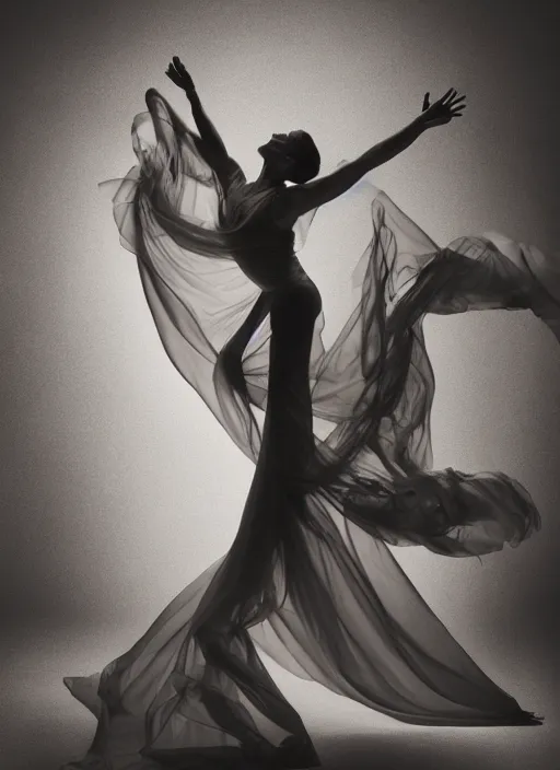 Image similar to a Photorealistic dramatic hyperrealistic render of a glamorous beautiful Female smoke dancer by Ken Brower and Deborah Ory of NYC Dance project,Lois Greenfield,Flowing cloth and smoke,Beautiful dynamic dramatic dark moody lighting,volumetric,shadows,cinematic atmosphere,Octane render,8K