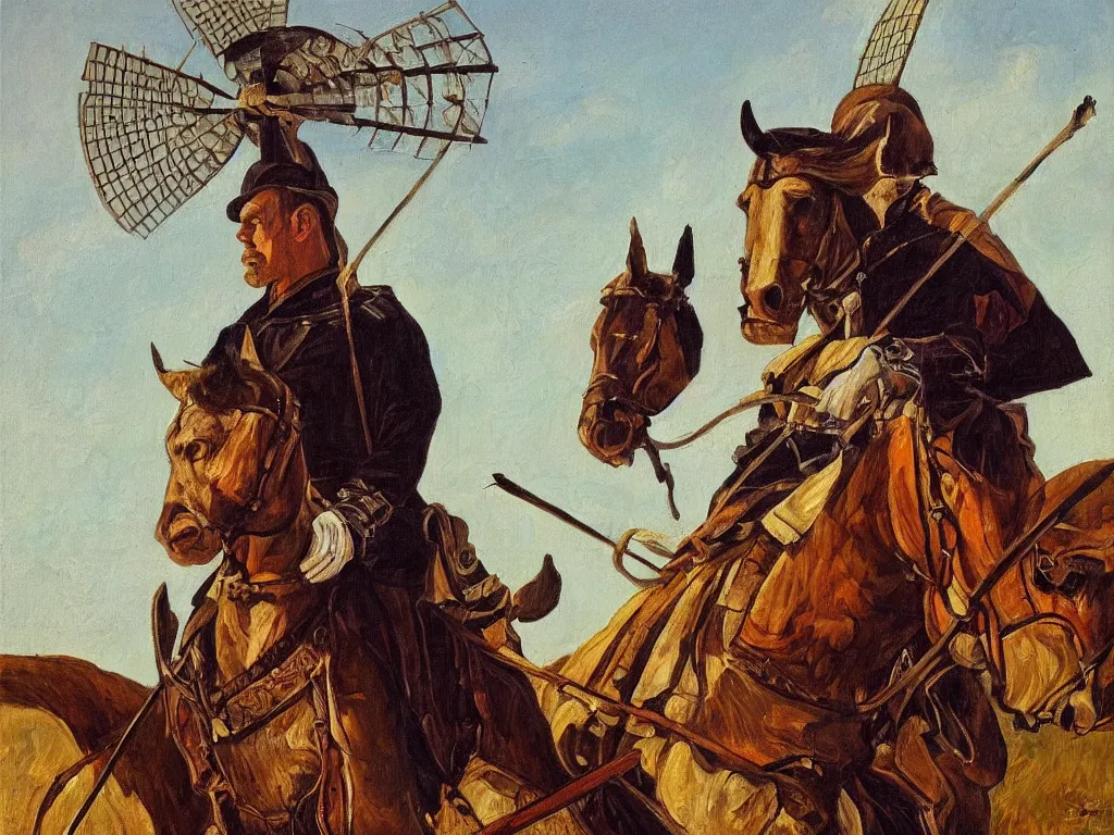 Image similar to portrait of a don don quixote, windmill, realism, oil painting, highly detailed, pre - raphaelite style