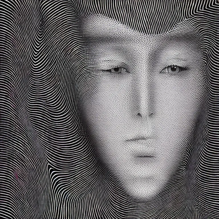 Prompt: a beautiful female face made of illusory motion dazzle camouflage perlin noise optical illusion