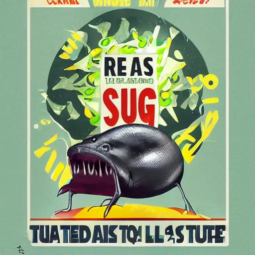 Image similar to a campaign poster that reads SLUGS TASTE LIKE THE FUTURE!, concept art