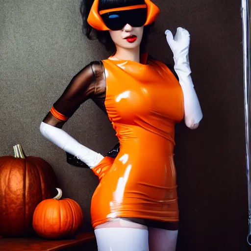 Prompt: Sexy look young girl with big bust wearing stylish bandana and Armani glasses, orange draped latex dress and white latex gloves talking on pumpkin phone cyberpunk anime