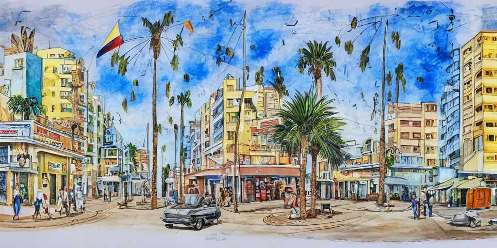 Prompt: street artists. painting of rounded bauhaus buildings in a junction in tel aviv. highly detailed. pen drawing painted with watercolors. colorful. low buildings. palm trees. super realistic. fluffy