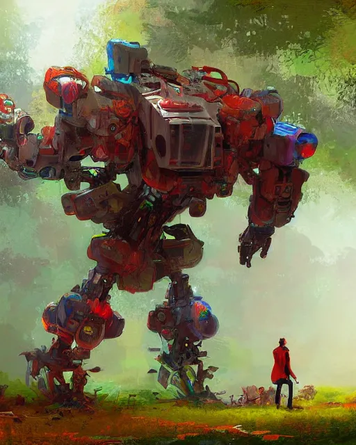 Image similar to giant chicken robot walking in a forest, colorful detailed digital painting, concept art, Darek Zabrocki