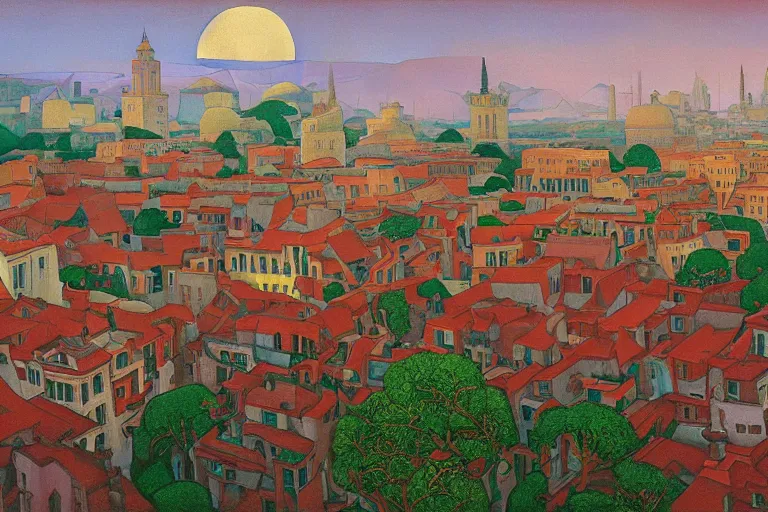 Image similar to view of the old city and its tree-lined winding streets still wet after a storm, tall windows lit up, beautiful ornamental architecture, dramatic cinematic lighting, rich colors, by Nicholas Roerich and ford madox brown and April Gornik and Sylvain Sarrailh and Ludwig Deutsch and Diego Rivera, featured on artstation