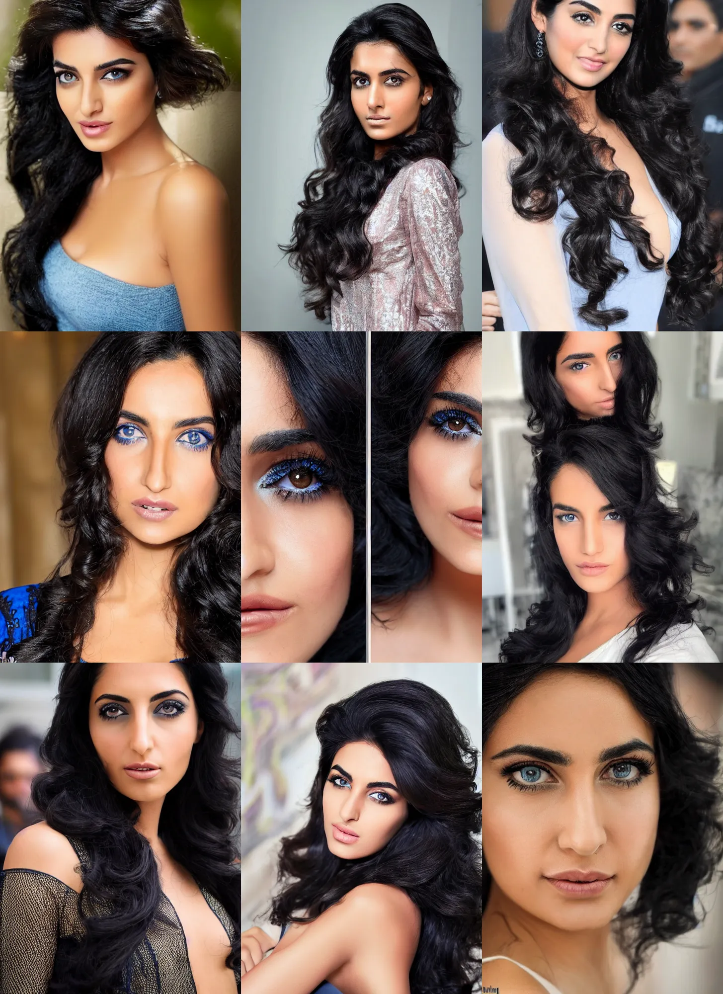 Prompt: tanned ameera al taweel, blue eyes, wavy black hair, confident beautiful by paul meijerin