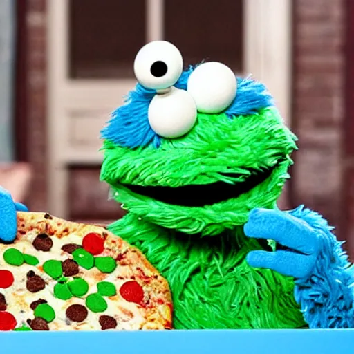 Image similar to Cookie Monster Muppet on Sesame Street eating pizza in secret, happy