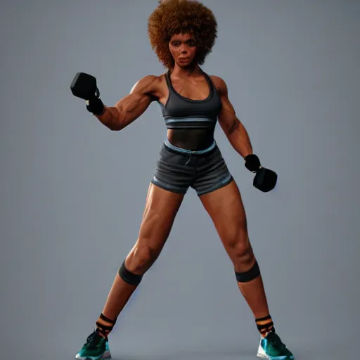 Image similar to 3 d render of a full female body, a mulatto woman with an afro, cruel hazel eyes, very fit body, wearing fitness gear, dead or alive 6, tekken 7, rumble roses, muscular legs, highly detailed, artstation, super realistic, unreal engine
