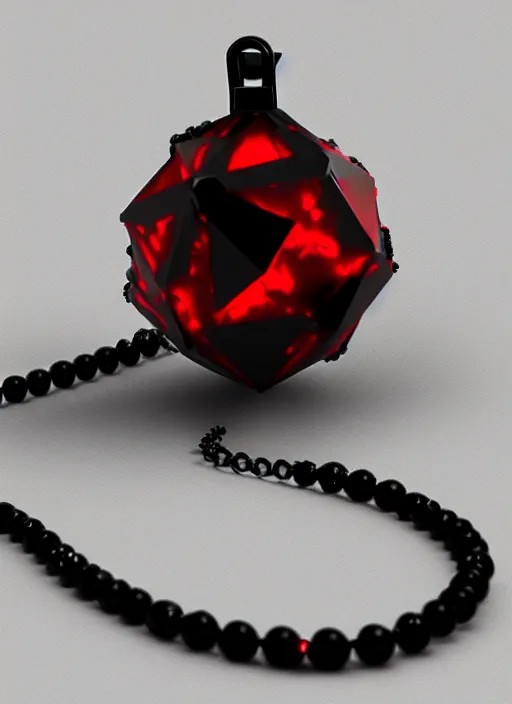 Image similar to rpg item, a black necklace with a fiery red diamond pendant, Unreal 5, DAZ, hyperrealistic, rpg style, octane render, dynamic lighting