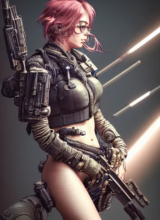 Image similar to the portrait of lawful neutral female cyberpunk marine sniper as absurdly beautiful, gorgeous, elegant, young gravure idol, an ultrafine hyperdetailed illustration by kim jung gi, irakli nadar, intricate linework, bright colors, octopath traveler, final fantasy, unreal engine 5 highly rendered, global illumination, radiant light, detailed and intricate environment