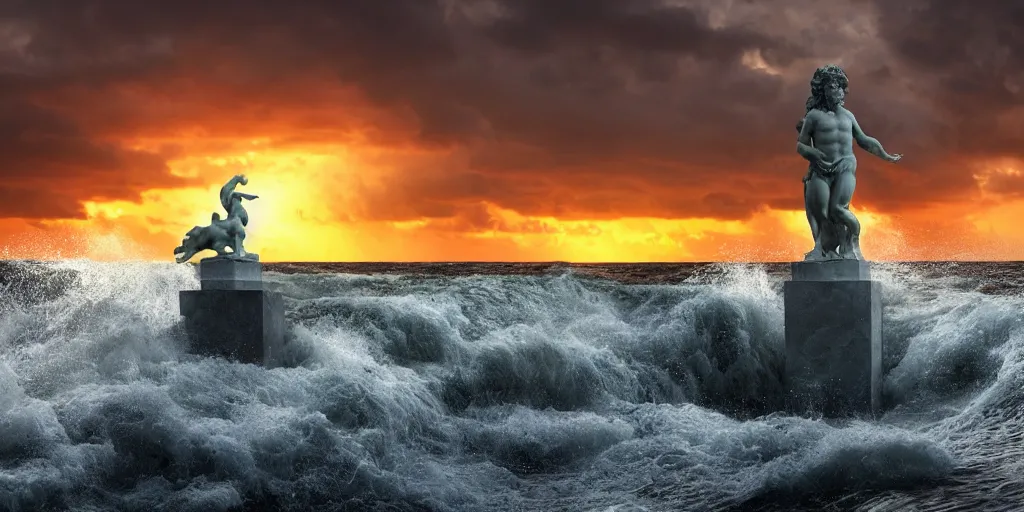 Prompt: a photograph of a marble Poseidon statue emerging from a stormy sea at sunset, photo-realistic, very beautiful, ultra-detailed, 4k