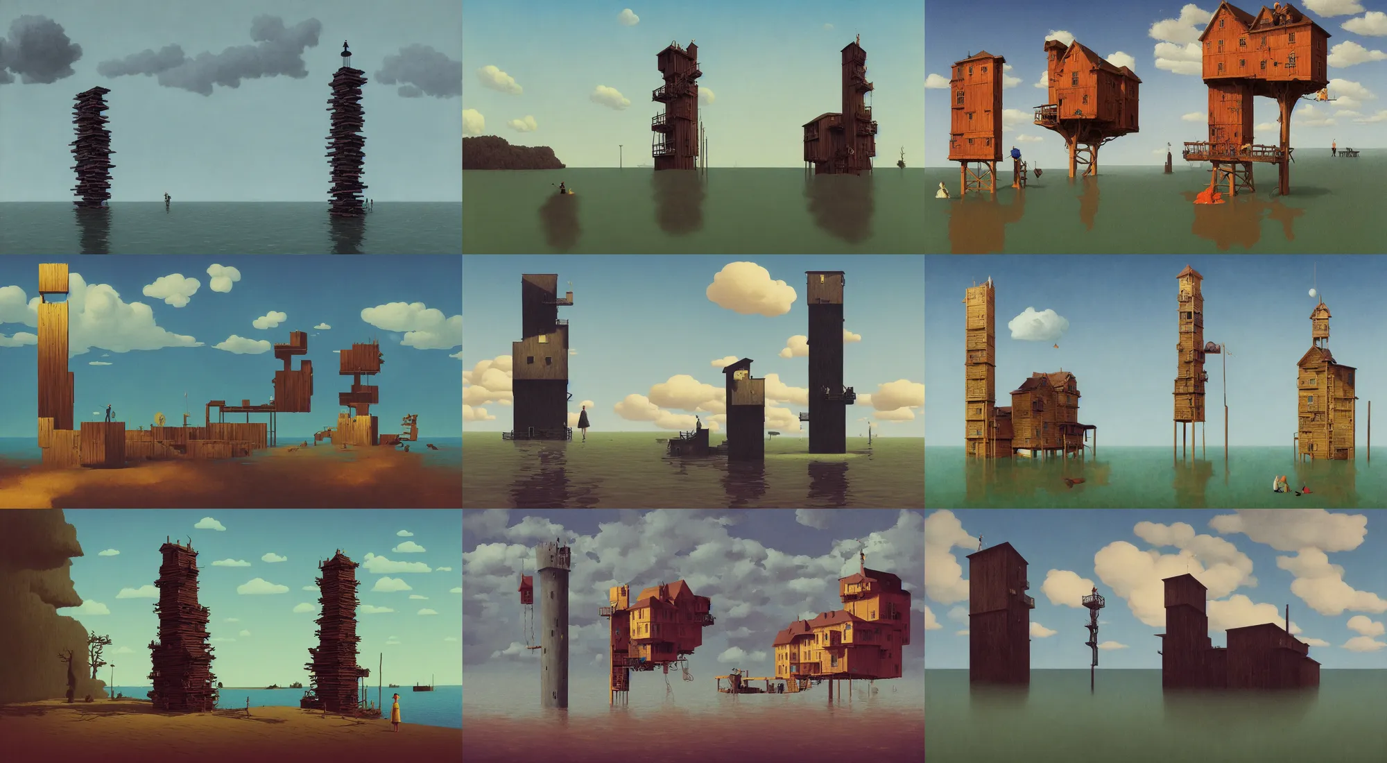 Prompt: single flooded simple surreal wooden tower, very coherent and colorful high contrast!! masterpiece by rene magritte simon stalenhag carl spitzweg syd mead norman rockwell edward hopper james gilleard, minimalist, dark shadows, sunny day, hard lighting